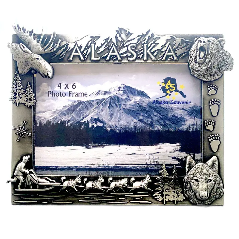 Alaska Wildlife Pewter Photo Frame – Detailed Animal & State Map Design 1