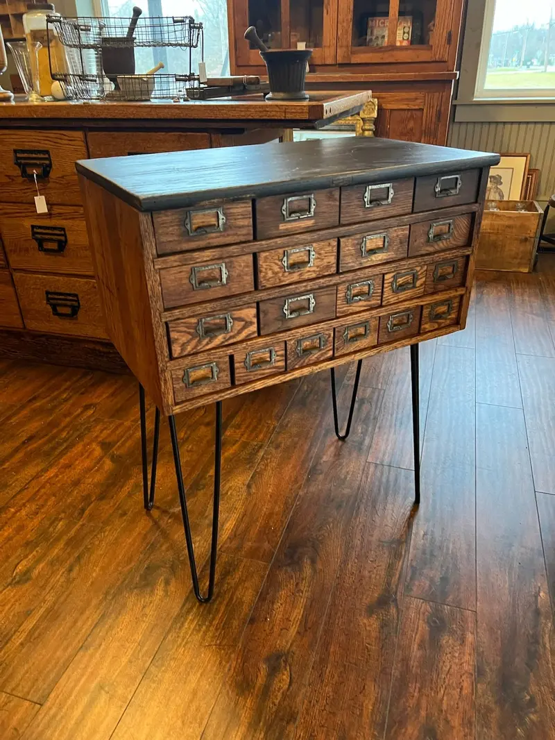 Antique Oak Card Catalog Cabinet Table Stand With Hairpin Legs 1