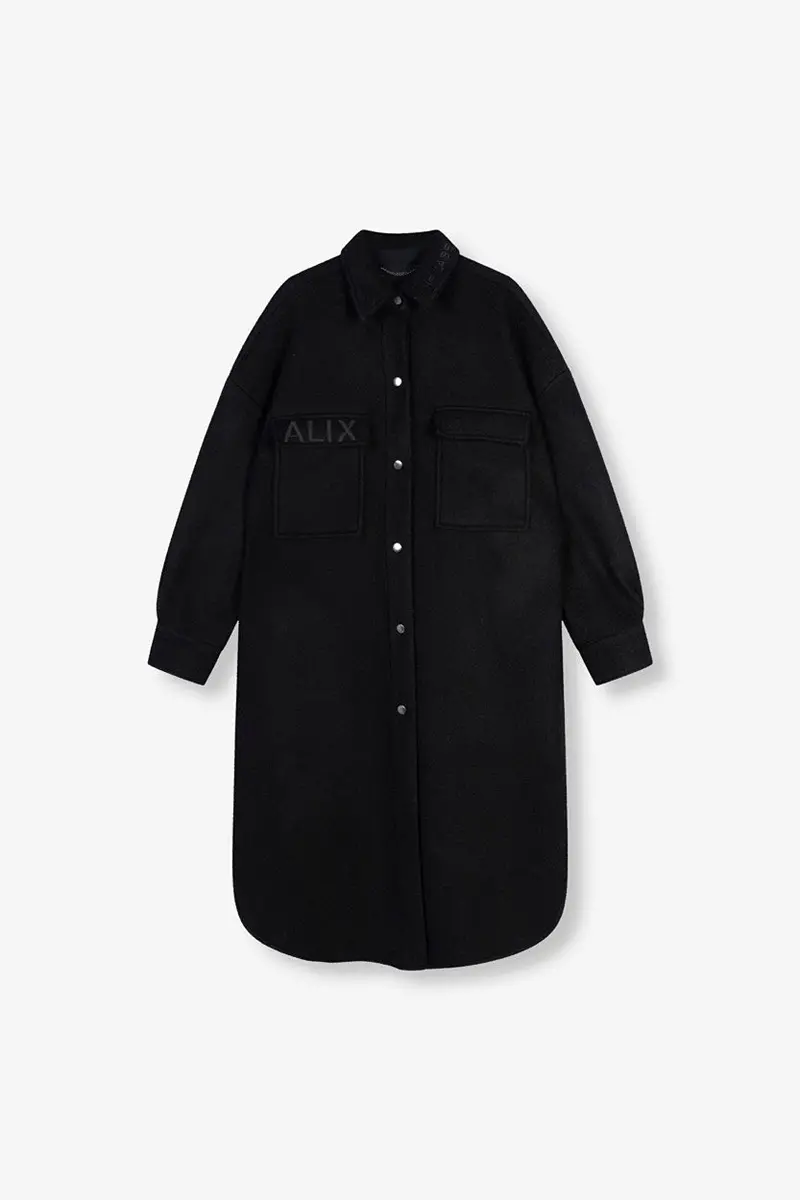 Black Long Wool-Blend Belted Woven Jacket 1