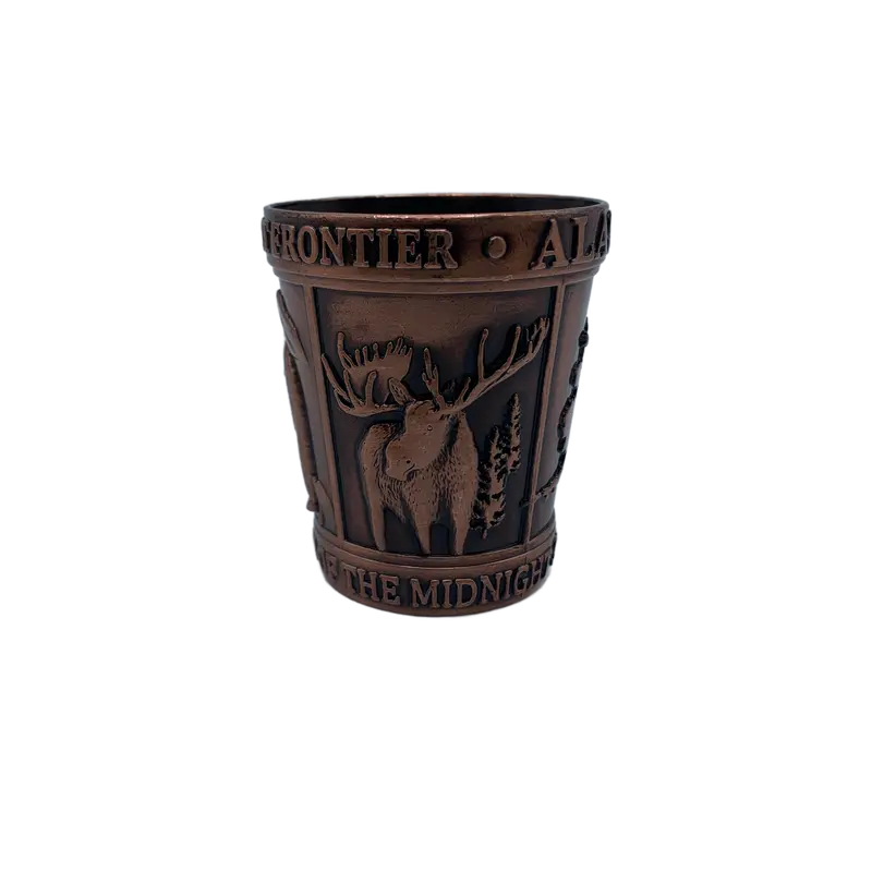 Copper Shot Glass Etched With Alaska Map & Wildlife 1