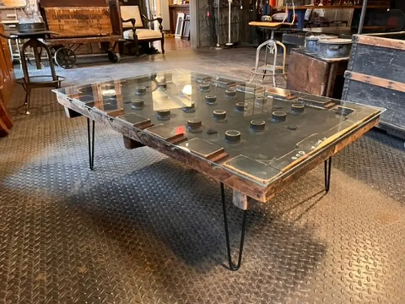 Industrial Foundry Pattern Glass Coffee Table With Hairpin Legs 1