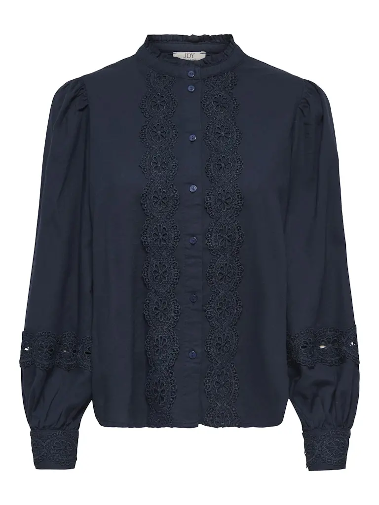 Jdyflo Long-Sleeve Lace-Trimmed Woven Shirt - Navy 1