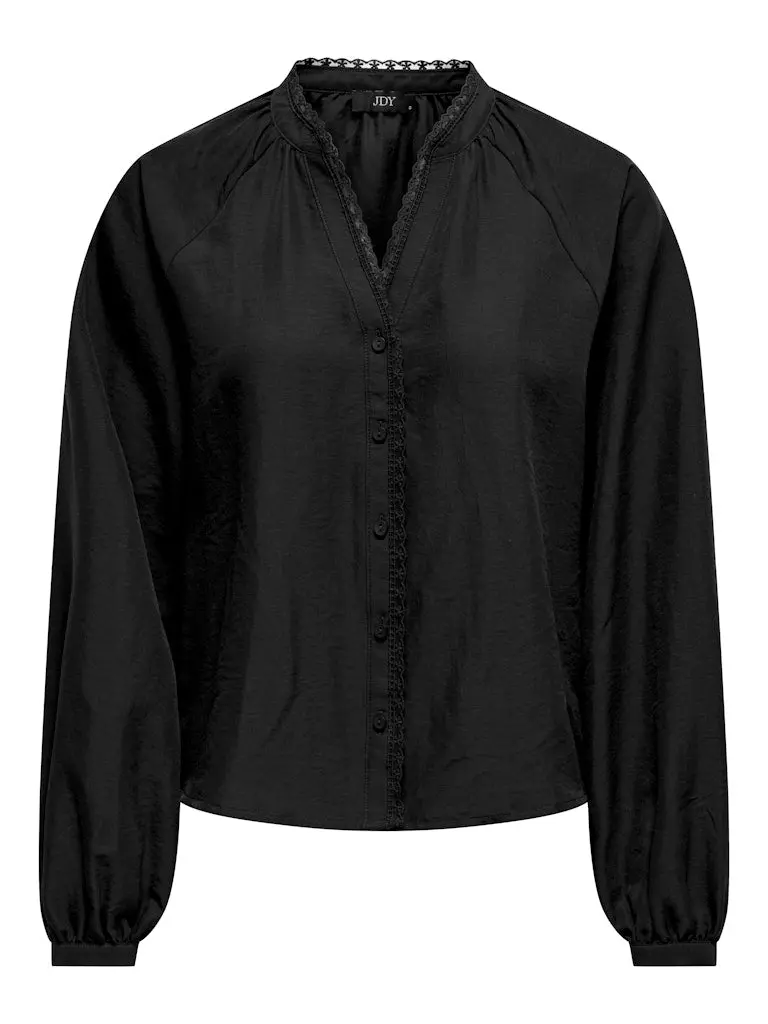 Jdyloli Long-Sleeve Lace Trim Shirt With Floral Embroidery – Black 1