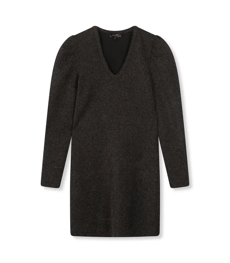 Mira Ladies Lurex Rib-Knit Dress With Puff Shoulders In Black Floral 1