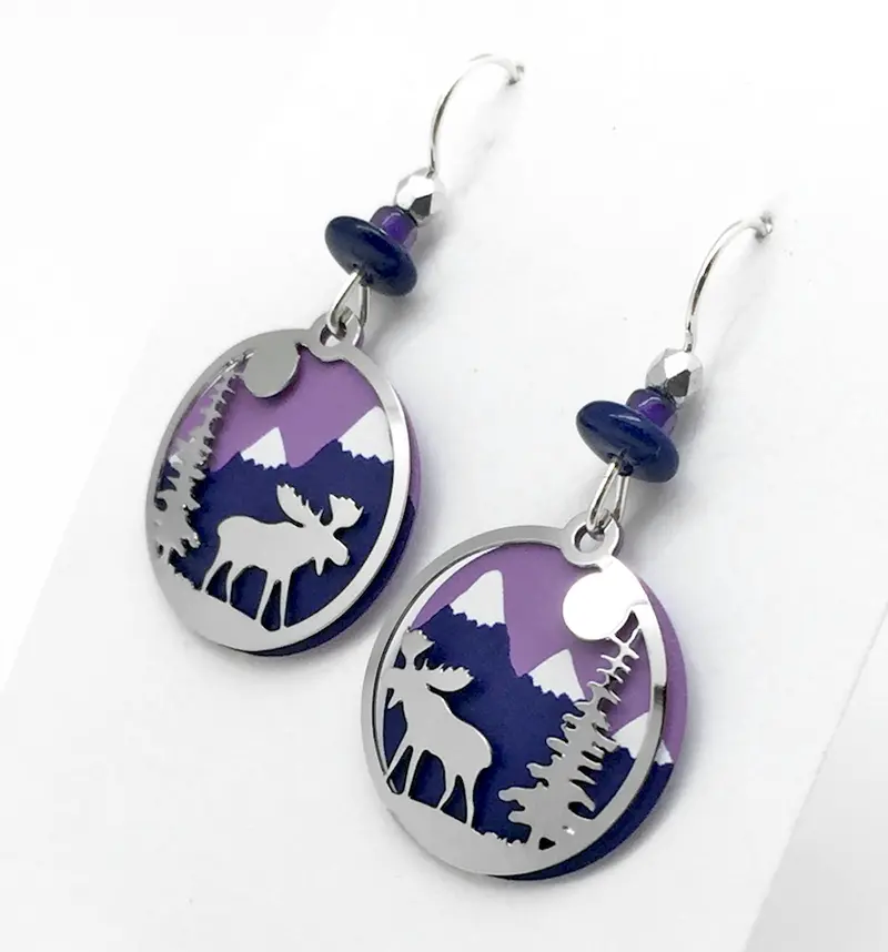 Moose And Pine Forest Mountain Scene Earrings 1