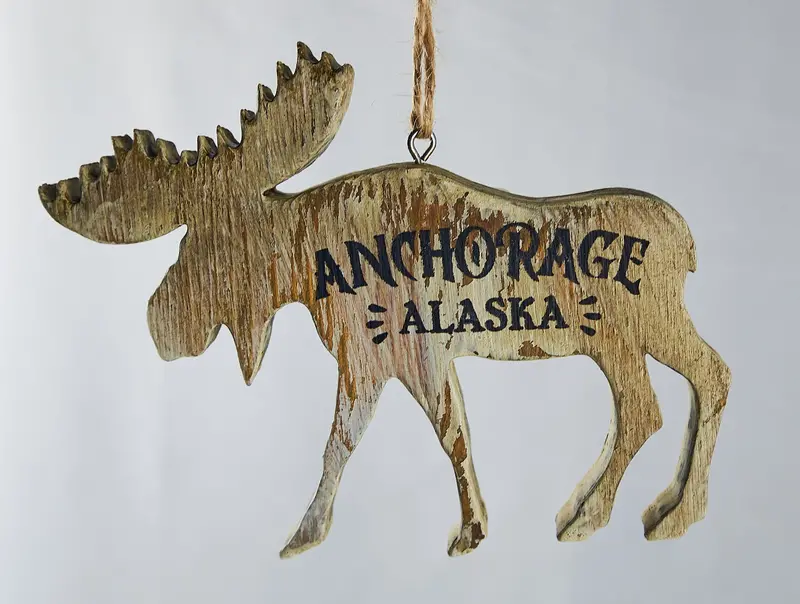 Moose Silhouette Anchorage-Themed Wooden Ornament 1