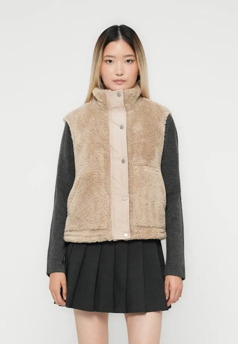 Onlbari Life Teddy-Style Waistcoat With Contrast Trim In Sand 1