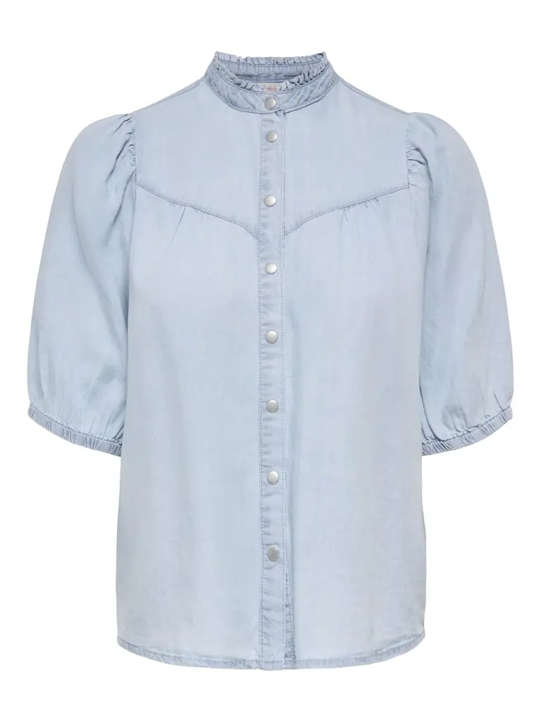 Onlcharis Life Mid-Length Frilled Denim Shirt – Blue Denim With Contrast Collar 1