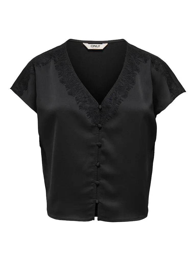 Onlfaraya Button-Front Lace Satin Top In Black 1