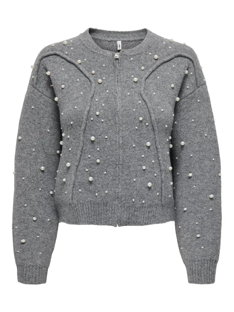 Onlfranka Pearl-Embellished Bomber-Style Knit Top – Grey 1