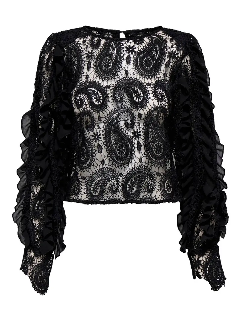 Onlhallie Long-Sleeve Lace-Trimmed Top In Black 1