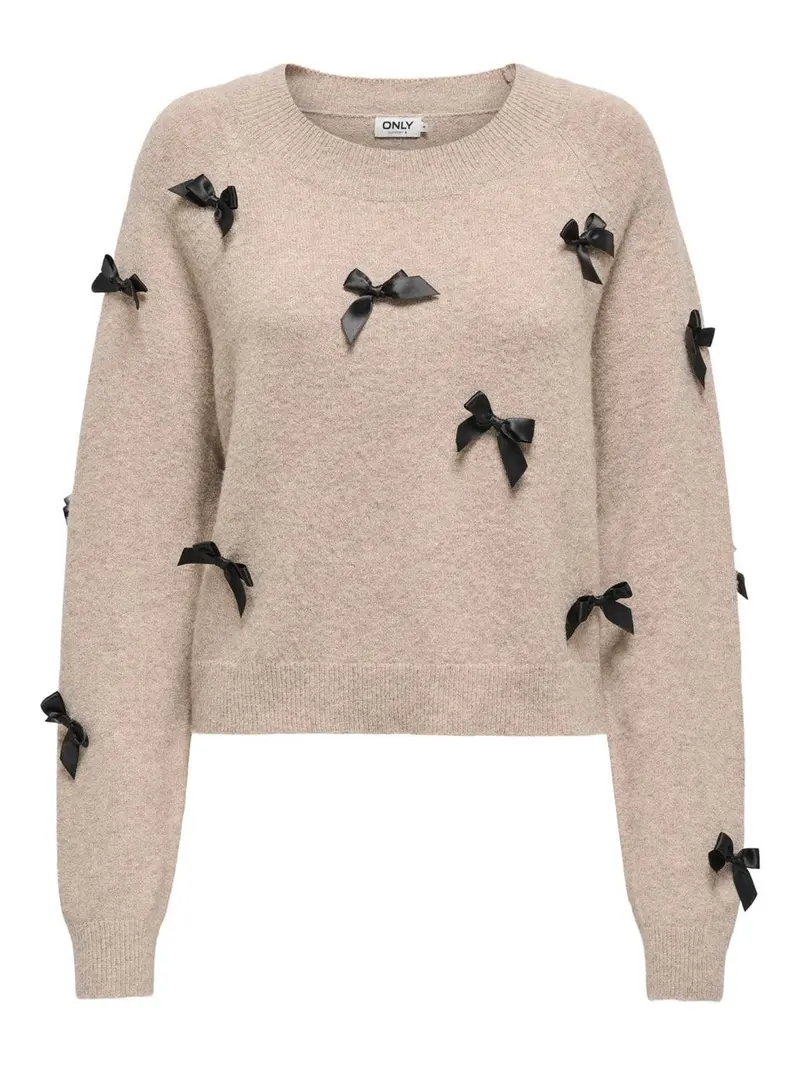 Onlnoelle Bow-Embellished Long-Sleeve Pullover – Sand 1