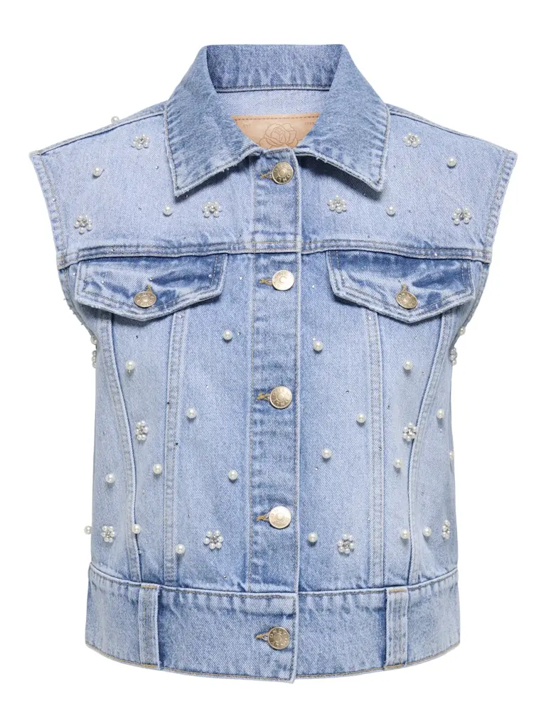 Onlonur Pearl-Embellished Denim Vest With Red Dot Detail 1