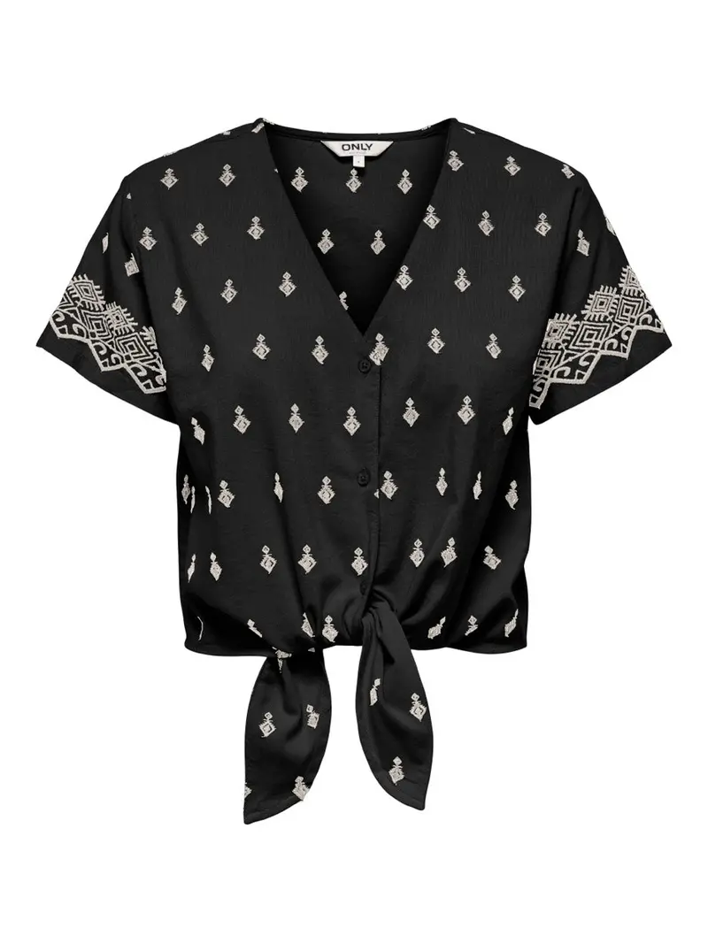 Onlsiesta Black Patterned Knot-Back Short-Sleeve Top 1