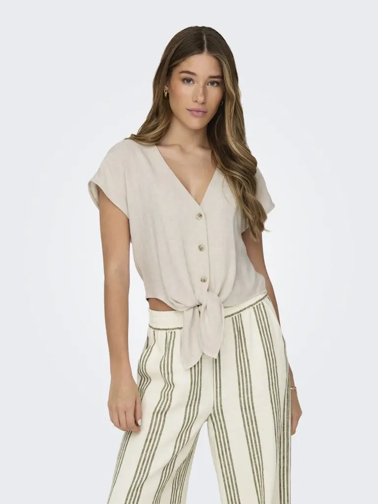 Onlsiesta Short-Sleeve Knotted Linen Blend Shirt In Beige 1