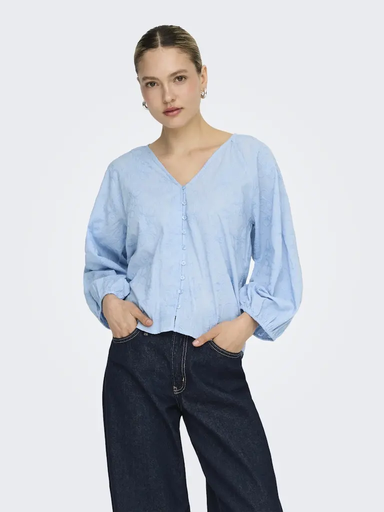 Onlzion Light Blue Three-Quarter Sleeve V-Neck Embroidered Top 1