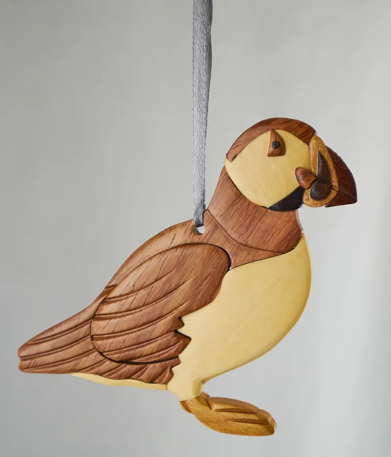 Puffin Wood Intarsia Holiday Ornament – Hand-Inlaid Design 1