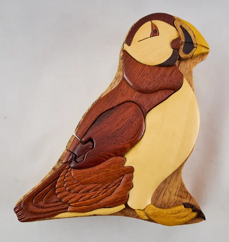 Puffin Wood Intarsia Puzzle Box – Handmade Wooden Keepsake Container 1