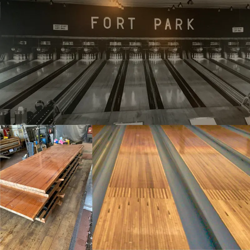 Reclaimed Red Pine Bowling Lane Planks – Authentic, Weathered Flooring Material 1