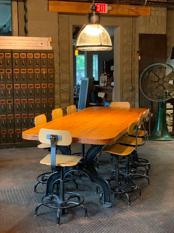 Repurposed Industrial Cast Iron Table With Eight Matching Stools 1