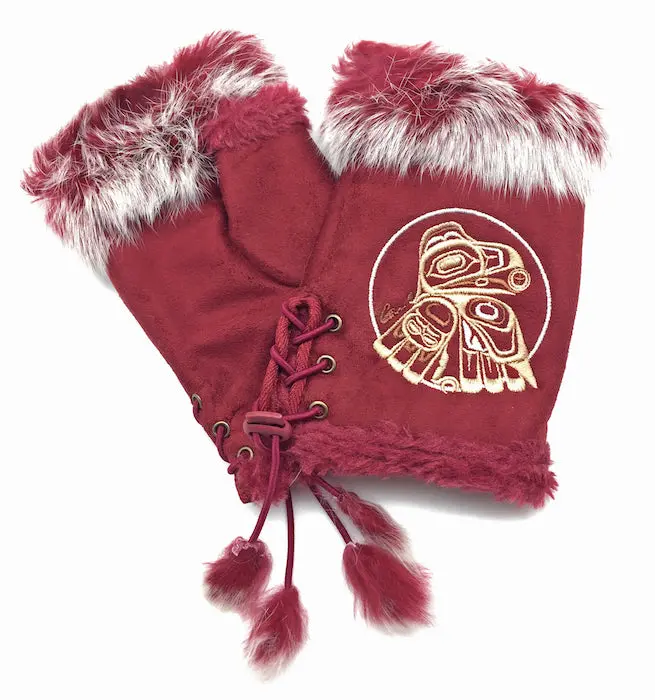 Totemic Raven Fingerless Gloves – Artisan-Knit Wool Gloves Featuring Indigenous Symbolism 1