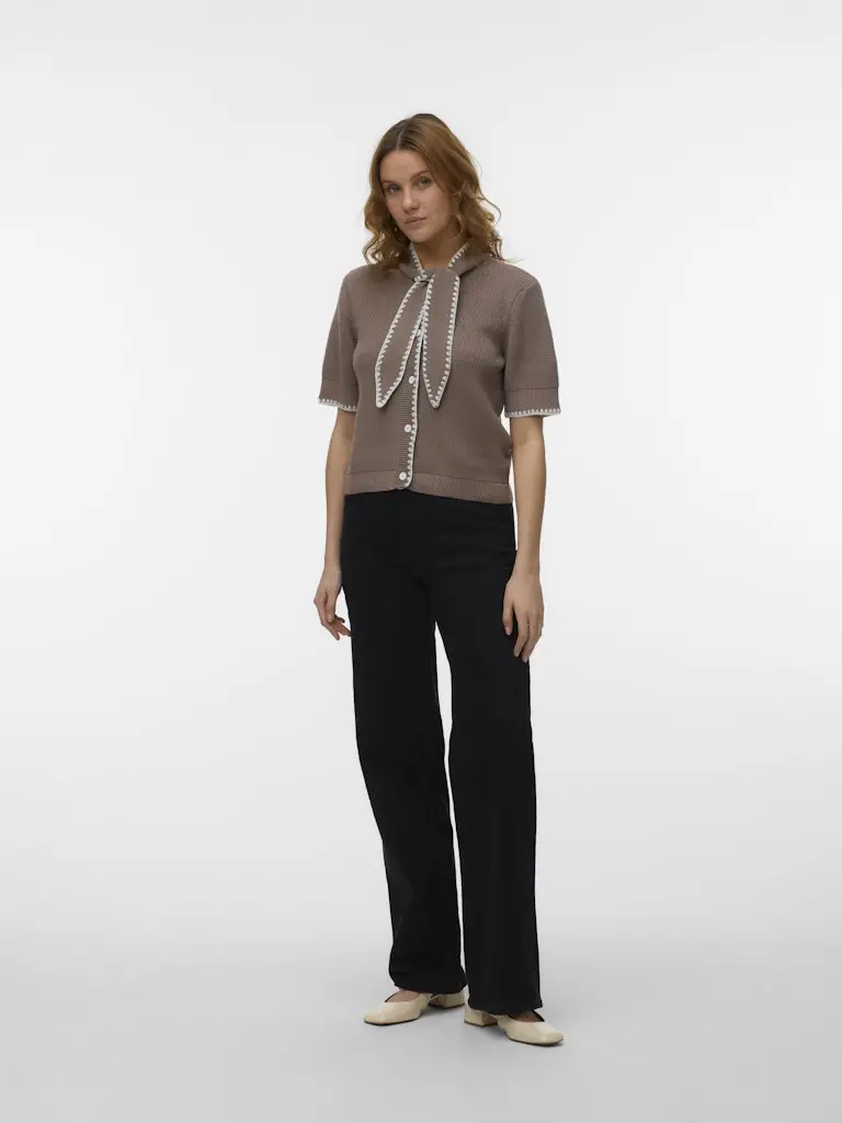 Vmkashia Short-Sleeve Tie-Detail Knit Cardigan In Taupe 1