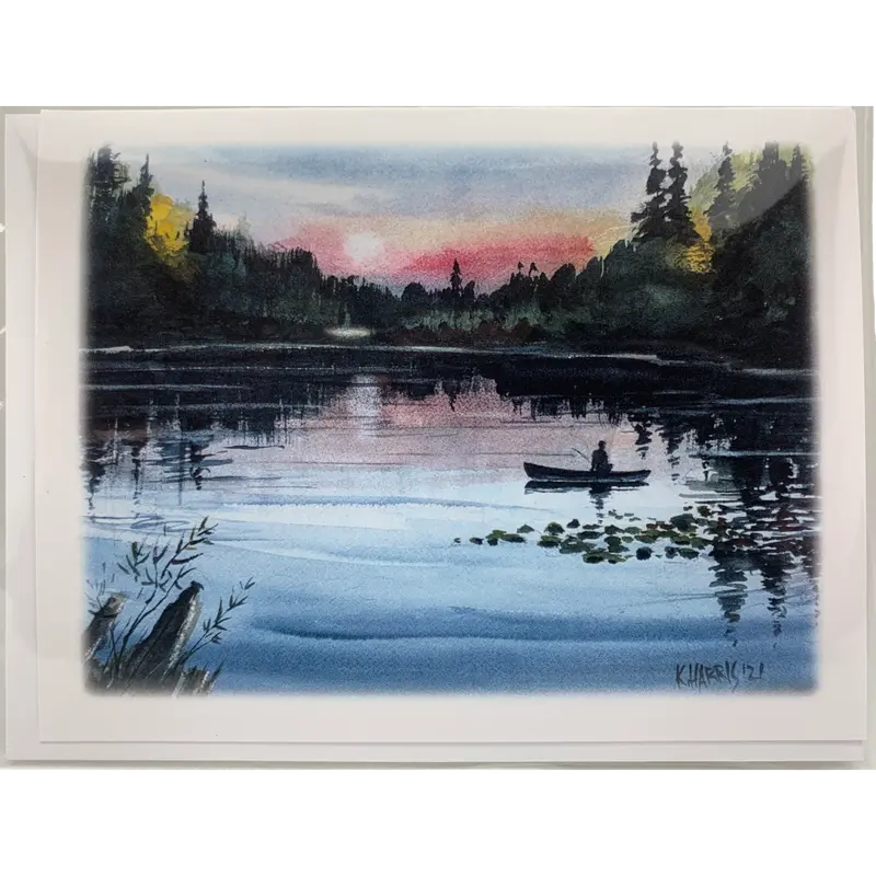 Watercolor Lake Fishing Greeting Card 1