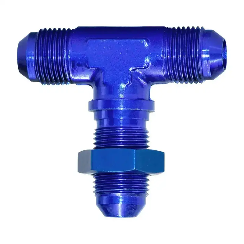 An-12 Blue Bulkhead Flare Tee Fitting – Stainless Steel, -12An Thread 1